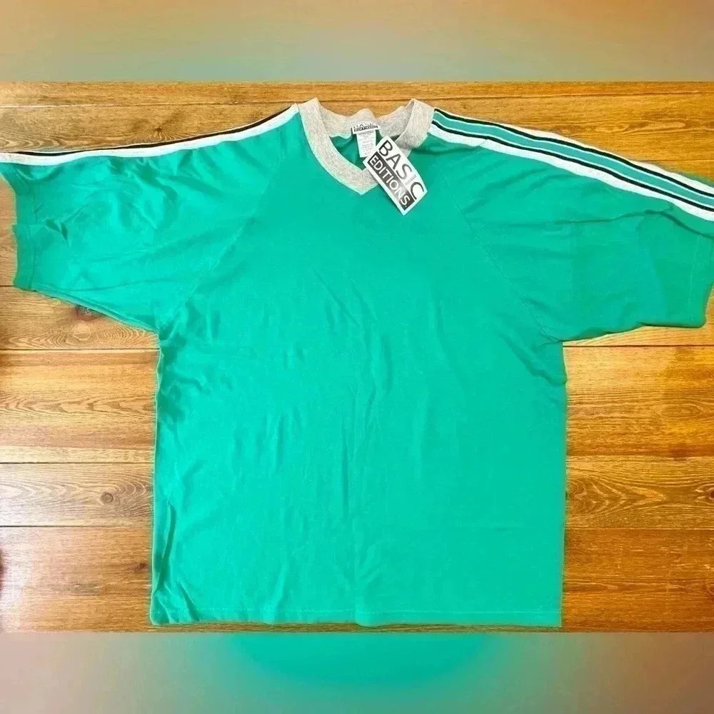 1990s Basic Editions | Single Stripe | Cotton V-Neck T-Shirt | USA